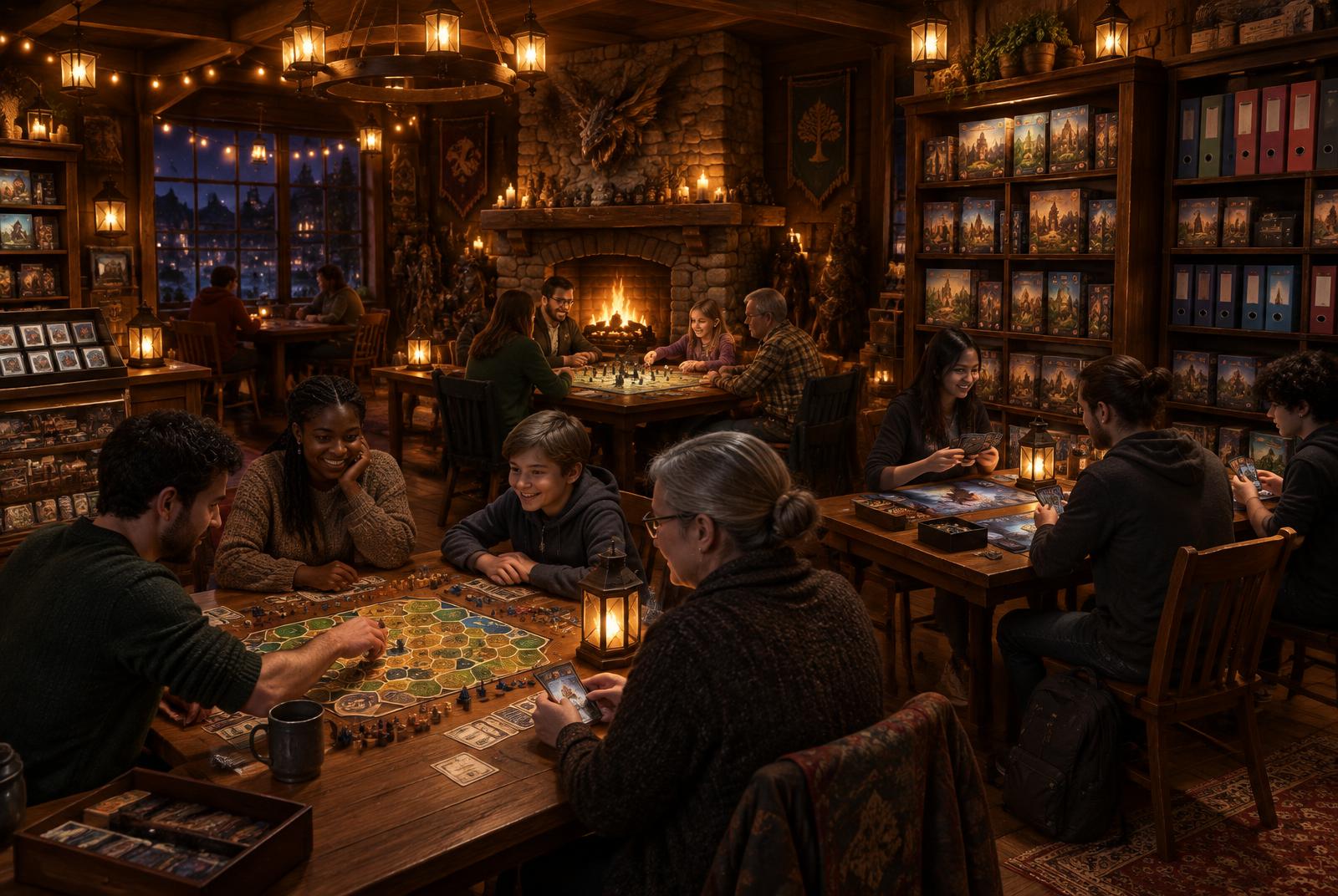 Salón de la tienda con mesas de madera, gente jugando juegos de mesa y cartas junto a una chimenea