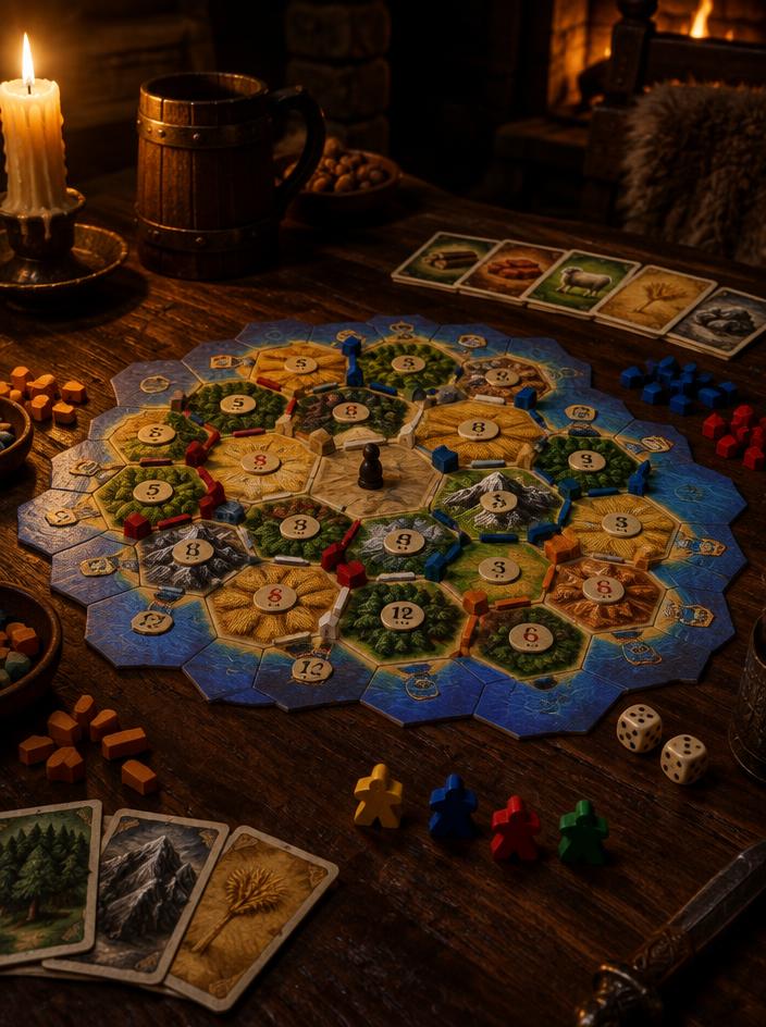 Juego de mesa con casillas hexagonales sobre una mesa de taberna