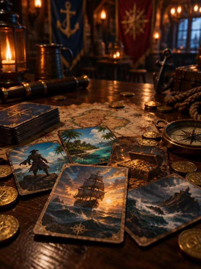 Cartas de aventura pirata con mapas, brújulas y monedas