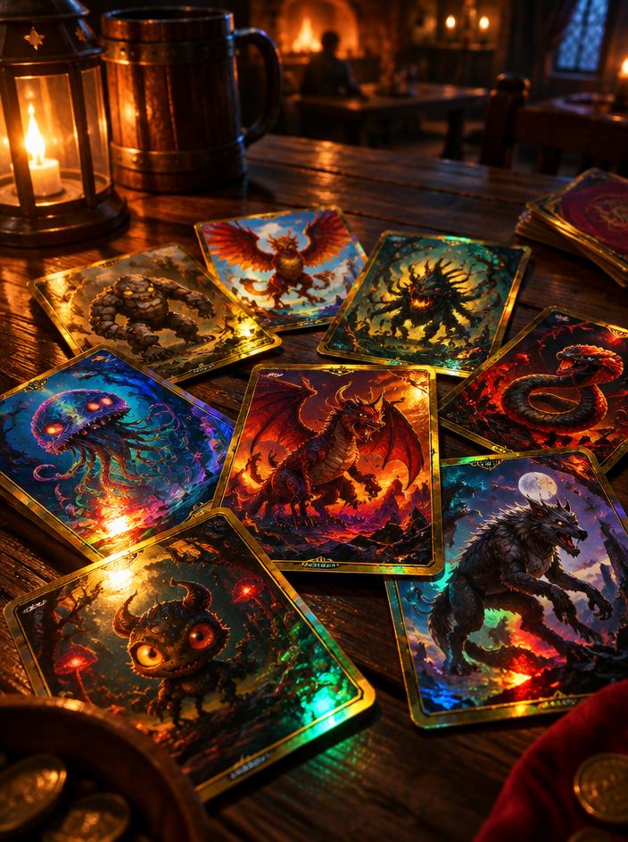 Cartas coleccionables holográficas con criaturas fantásticas